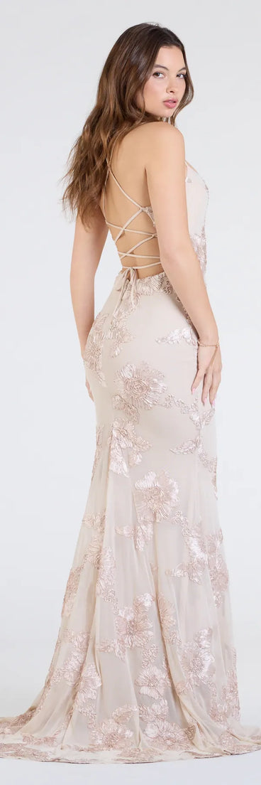 Celebrate in style with the Gabi Lace-Up Floral Trim Mermaid Formal Dress, a gold formal wedding guest dress featuring an elegant silhouette and luxe details, perfect for a black-tie celebration.