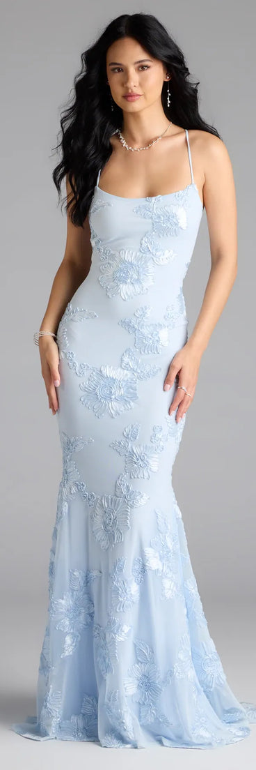 The Gabi Lace-Up Floral Trim Mermaid Formal Dress is your new go-to light blue dress—effortless, versatile, and made to update your fall style in seconds.