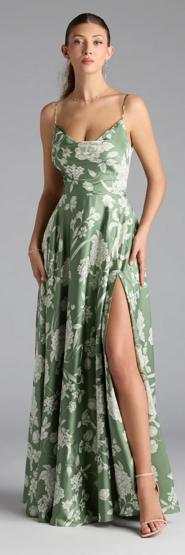 Feel instantly put-together in the Robina Lace-Up A-Line Floral Satin Formal Dress in sage green, a stylish wedding guest dress designed for confident style and all-out celebration.