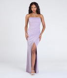 Make a bold statement in the Kaye Strapless Mermaid Slit Glitter Formal Dress in lavender, the perfect spring dress for weddings, cocktail hours, nights out, and/or seasonal celebrations.