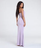 Make a bold statement in the Kaye Strapless Mermaid Slit Glitter Formal Dress in lavender, the perfect spring dress for weddings, cocktail hours, nights out, and/or seasonal celebrations.