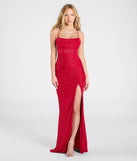 The Diane Lace-Up Slit Mermaid Glitter Formal Dress in luxe red fabric, a stunning prom dress with statement details designed to make a bold impression at Prom 2025.