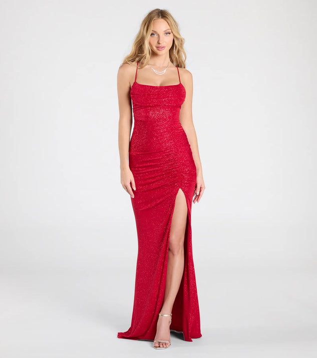 The Diane Lace-Up Slit Mermaid Glitter Formal Dress in luxe red fabric, a stunning prom dress with statement details designed to make a bold impression at Prom 2025.