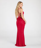 Make a statement in the Diane Lace-Up Slit Mermaid Glitter Formal Dress, a bold red prom dress designed to exude confidence, elegance, and a striking prom-night look.