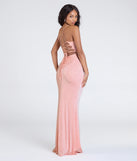 Make a bold statement in the Diane Lace-Up Slit Mermaid Glitter Formal Dress in peach, the perfect spring dress for weddings, cocktail hours, nights out, and/or seasonal celebrations.