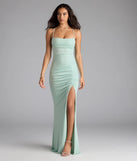 Feel instantly put-together in the Diane Lace-Up Slit Mermaid Glitter Formal Dress in mint green, a summer wedding guest dress designed for confident style and all-out celebration.