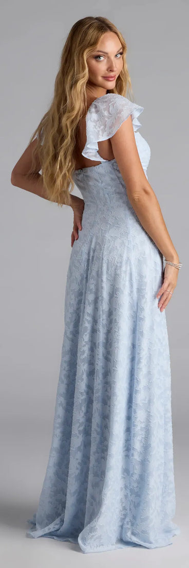 Own the spotlight in the Vittoria Flutter Sleeve A-Line Chiffon Formal Dress, a light blue formal dress crafted to deliver luxe style for fall weddings, Army Balls, or any special event.