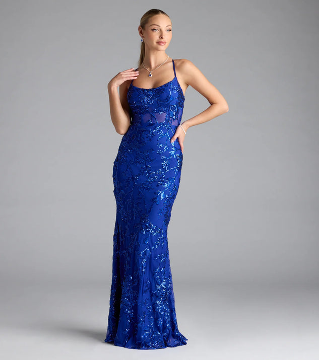 Turn heads at Prom 2025 in this royal blue prom dress, where statement-making details meet the iconic style of the Artemis Open Back Mermaid Sequin Formal Dress.