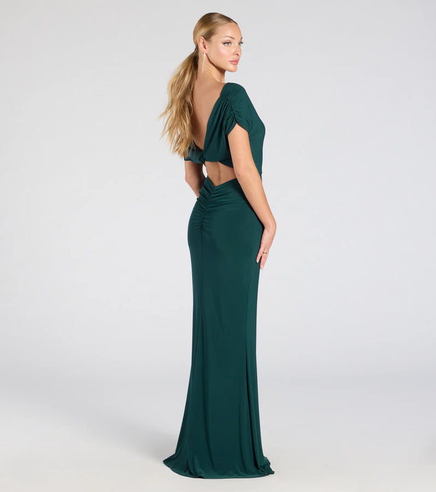 The Raven Off-Shoulder Cutout Mermaid Formal Dress in luxe hunter green fabric, a stunning prom dress with statement details designed to make a bold impression at Prom 2025.