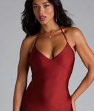 Own the spotlight in the Becky V-Neck Tie-Back Slit Mermaid Dress, a rust formal dress crafted to deliver luxe style for summer weddings, Army Balls, or any special event.