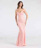 Make a bold statement in the Acacia Glitter Knit Cowl Neck Mermaid Dress in peach, the perfect spring dress for weddings, cocktail hours, nights out, and/or seasonal celebrations.