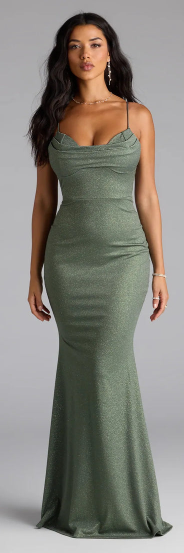 The Acacia Glitter Knit Cowl Neck Mermaid Dress is your new go-to olive green dress—effortless, versatile, and made to update your fall style in seconds.
