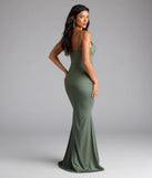 Own the spotlight in the Acacia Glitter Knit Cowl Neck Mermaid Dress, a olive green formal dress crafted to deliver luxe style for summer weddings, Army Balls, or any special event.