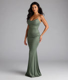 Own the spotlight in the Acacia Glitter Knit Cowl Neck Mermaid Dress, a olive green formal dress crafted to deliver luxe style for summer weddings, Army Balls, or any special event.
