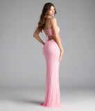 Own the spotlight in the Betsey Lace-Up Mermaid Sequin Bead Formal Dress, a pink formal dress crafted to deliver luxe style for summer weddings, Army Balls, or any special event.
