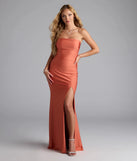 Feel instantly put-together in the Cheryl Strapless Slit Mermaid Formal Dress in rust, a summer wedding guest dress designed for confident style and all-out celebration.