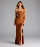 Feel instantly put-together in the Cheryl Strapless Slit Mermaid Formal Dress in copper, a summer wedding guest dress designed for confident style and all-out celebration.