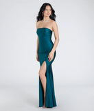 The Cheryl Strapless Slit Mermaid Formal Dress in luxe hunter green fabric, a stunning prom dress with statement details designed to make a bold impression at Prom 2025.