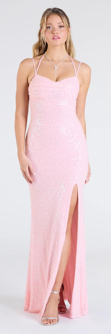 Bring a fun and feminine vibe with the Kaitlyn Cowl Neck Slit Beaded Sequin Formal Dress, a scroll-stopping style from Windsor's pink homecoming dress collection that brings playful charm to every HOCO moment.