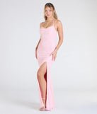 Make a bold statement in the Kaitlyn Cowl Neck Slit Beaded Sequin Formal Dress in pink, the perfect spring dress for weddings, cocktail hours, nights out, and/or seasonal celebrations.