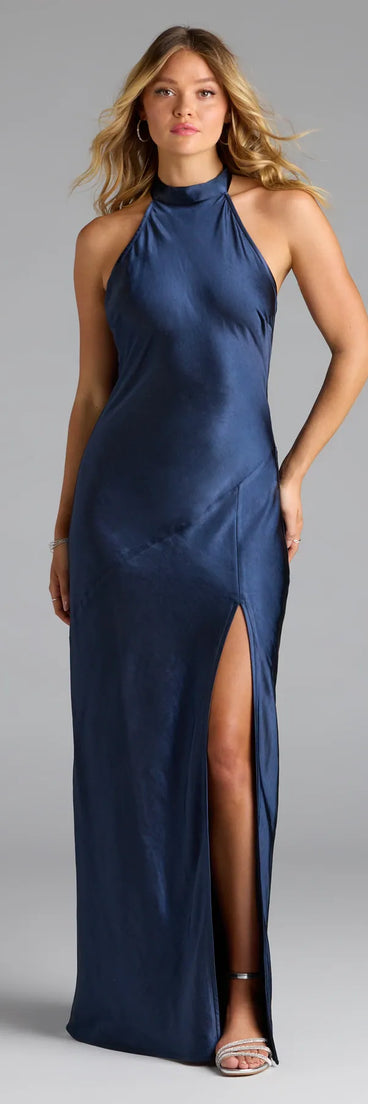 Feel instantly put-together in the Andie Halter Open Back Slit Satin Formal Dress in navy blue, a stylish wedding guest dress designed for confident style and all-out celebration.
