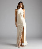 Feel instantly put-together in the Andie Halter Open Back Slit Satin Formal Dress in gold, a summer wedding guest dress designed for confident style and all-out celebration.