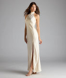 Step into summer looking effortlessly chic in the Andie Halter Open Back Slit Satin Formal Dress in gold, a must-have Windsor dress for your warm-weather wardrobe.
