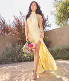 Andie Halter Open Back Slit Satin Formal Dress