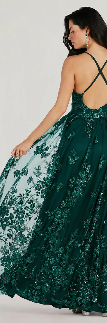 The Ayva A-Line Glitter Sequin Tulle Formal Dress in emerald is a stunning green prom dress designed to capture attention with its fresh or bold color and effortlessly stylish silhouette.