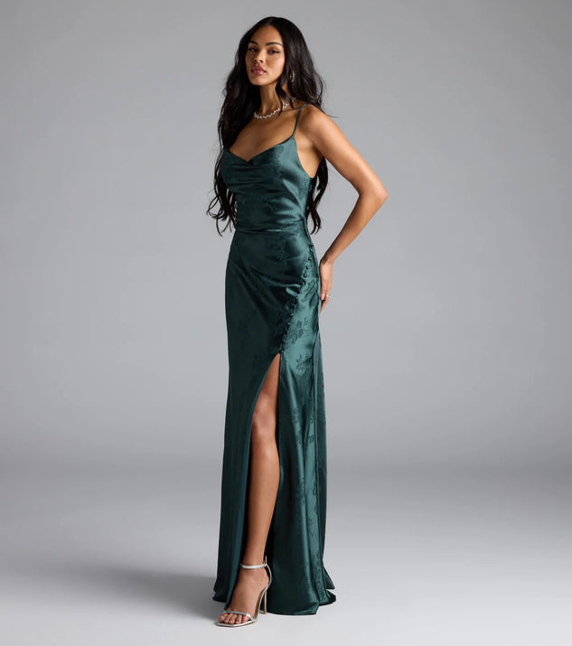 Gigi Cowl Neck Button Slit Satin Formal Dress | Windsor Gigi Cowl Neck Button Slit Satin Formal Dress | Windsor