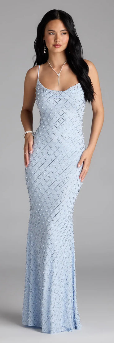 Step into the new season looking effortlessly chic in the Elliot Rhinestone And Pearl Mesh Mermaid Dress in light blue, a must-have Windsor dress for your cool-weather wardrobe.