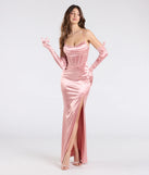 Turn heads at Prom 2025 in this rose prom dress, where statement-making details meet the iconic style of the Kaleigh Corset Bow Satin Formal Dress With Gloves.