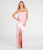 Make a bold statement in the Mackenzie Strapless Corset Bow Satin Formal Dress in pink, the perfect spring dress for weddings, cocktail hours, nights out, and/or seasonal celebrations.