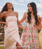 Make a bold statement in the Mackenzie Strapless Corset Bow Satin Formal Dress in pink, the perfect spring dress for weddings, cocktail hours, nights out, and/or seasonal celebrations.