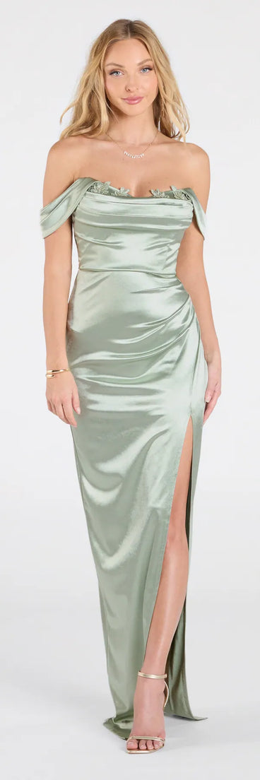 Feel instantly put-together in the Phoebe Off-The-Shoulder Lace-Up Satin Formal Dress in sage green, a stylish wedding guest dress designed for confident style and all-out celebration.