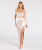 Make a bold statement in the Phoebe Off-The-Shoulder Lace-Up Satin Formal Dress in gold, the perfect spring dress for weddings, cocktail hours, nights out, and/or seasonal celebrations.
