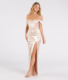 Flaunt your silhouette in the tight Phoebe Off-The-Shoulder Lace-Up Satin Formal Dress in gold, a bodycon dress that empowers your look with bold style and effortless edge.