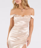 Make a bold statement in the Phoebe Off-The-Shoulder Lace-Up Satin Formal Dress in gold, the perfect spring dress for weddings, cocktail hours, nights out, and/or seasonal celebrations.
