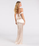 Make a bold statement in the Phoebe Off-The-Shoulder Lace-Up Satin Formal Dress in gold, the perfect spring dress for weddings, cocktail hours, nights out, and/or seasonal celebrations.