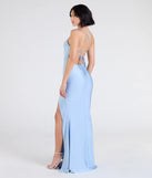 Step into the Prom 2025 dance in the Delia Formal Cowl Neck Long Dress in light blue, a stunning blue prom dress designed to complement any theme with its timeless allure and statement-making style.