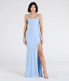 Step into the Prom 2025 dance in the Delia Formal Cowl Neck Long Dress in light blue, a stunning blue prom dress designed to complement any theme with its timeless allure and statement-making style.