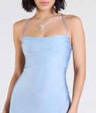 Step into the Prom 2025 dance in the Delia Formal Cowl Neck Long Dress in light blue, a stunning blue prom dress designed to complement any theme with its timeless allure and statement-making style.