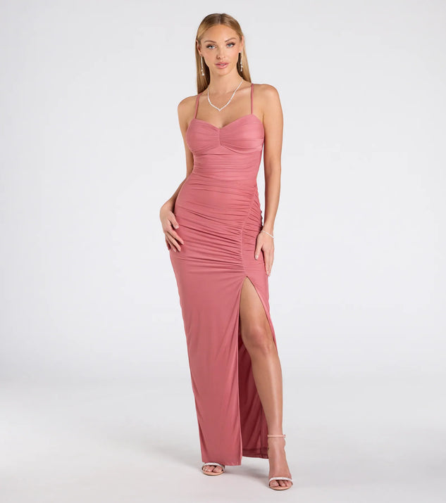 The Chloe Lace-Up Ruched Slim Long Formal Dress in luxe rose fabric, a stunning prom dress with statement details designed to make a bold impression at Prom 2025.