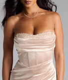 Loren Pearl Corset Slit Satin Formal Dress
