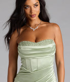 Loren Pearl Corset Slit Satin Formal Dress