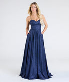 Make the big day unforgettable with the Hattie Glitter Corset Lace-Up Ball Gown, a gorgeous navy blue bridesmaid dress that balances elegance and affordability.