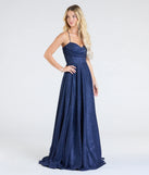 Make the big day unforgettable with the Hattie Glitter Corset Lace-Up Ball Gown, a gorgeous navy blue bridesmaid dress that balances elegance and affordability.