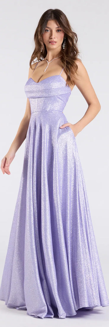 Step into confidence in the Hattie Glitter Corset Lace-Up Ball Gown, a lavender glitter dress that turns heads with every move.