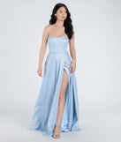 Own the spotlight in the Charlotte Strapless Corset A-Line Glitter Formal Dress, a periwinkle formal dress crafted to deliver luxe style for autumn weddings, Military Balls, or any special event.