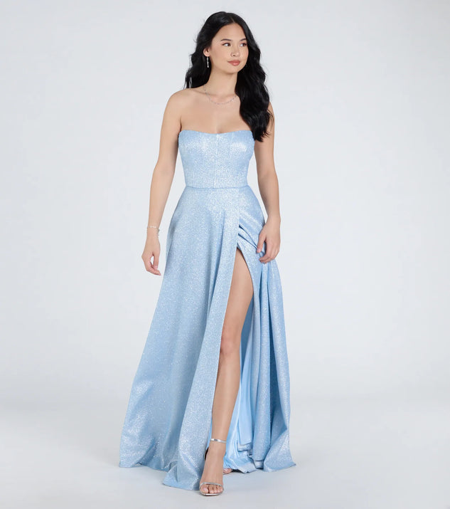 Own the spotlight in the Charlotte Strapless Corset A-Line Glitter Formal Dress, a periwinkle formal dress crafted to deliver luxe style for autumn weddings, Military Balls, or any special event.